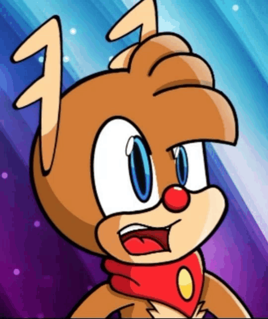 a cartoon drawing of a reindeer with blue eyes and a red nose