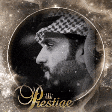 a picture of a man with a beard and the word prestige on it