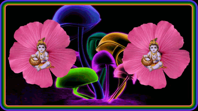 a baby krishna sits on a pink flower