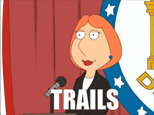 a cartoon character is giving a speech and the word trails is visible