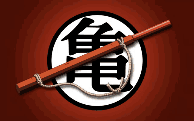 a red and white dragon ball logo with a wooden stick in it