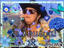 a picture of a woman wearing sunglasses and a cowboy hat is surrounded by blue flowers and butterflies and says picmix