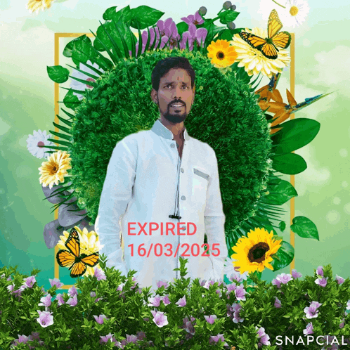 a man in a white shirt is surrounded by flowers and leaves with the date expired 16/03/2015