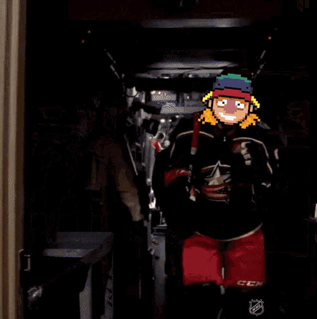 a pixel art of a hockey player in a locker room with a sign on the wall that says event floor