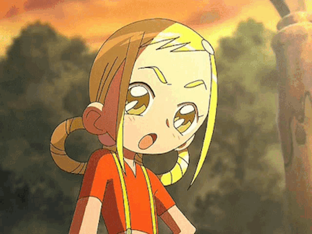 a cartoon girl with blonde hair and an orange shirt is standing in front of a tree