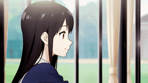 a girl with long black hair and red eyes is looking out a window