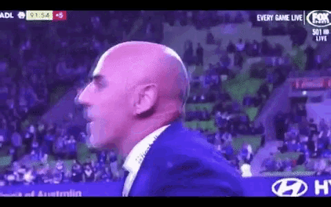 a bald man in a blue suit stands in front of a crowd during a soccer match .