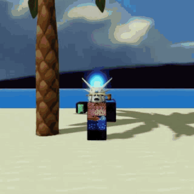 a cartoon character is standing on a sandy beach near a palm tree