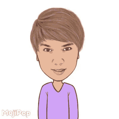 a cartoon of a man in a purple shirt with his hand on his chin