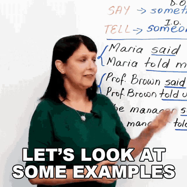 a woman stands in front of a white board with the words let 's look at some examples on it