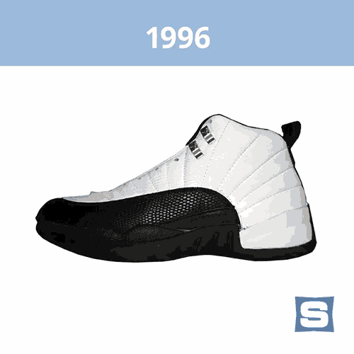 a picture of a black and white shoe with the year 1996