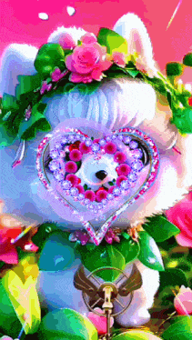 a teddy bear wearing a heart shaped necklace and a flower crown