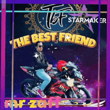 a man is sitting on a motorcycle in front of a sign that says " the best friend "