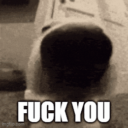 a black and white photo of a dog with the words fuck you written on it .