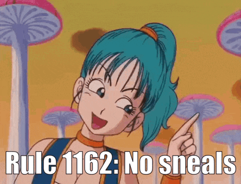 a cartoon girl with blue hair is pointing at something with the words rule 1162 : no sneals below her
