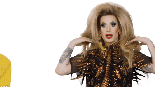 a drag queen is wearing a black and gold outfit and has a tattoo on her arm