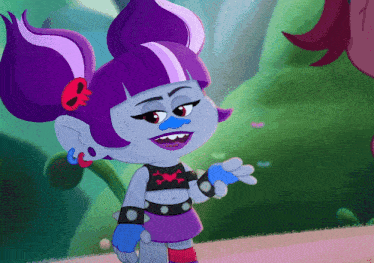 a cartoon troll with purple hair and a blue nose