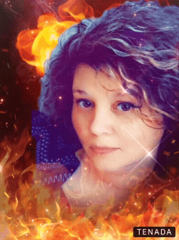 a woman 's face is surrounded by flames and the name tenada is on the bottom right