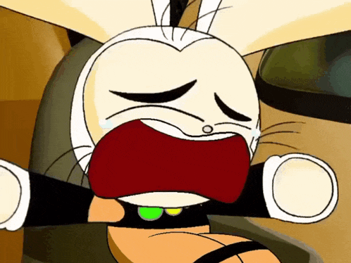a close up of a cartoon character crying with his mouth open