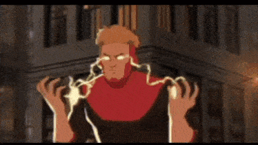 a cartoon of a man holding a lightning bolt in his hand .