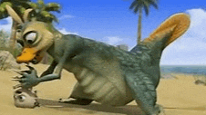a cartoon kangaroo with a duck beak is eating a chicken on a beach .