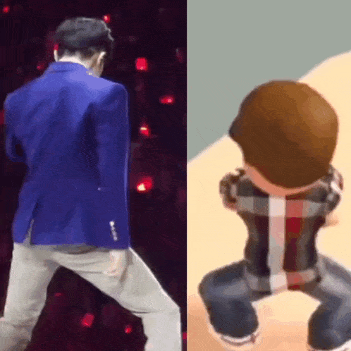 a man in a blue jacket is dancing next to a child in a plaid shirt