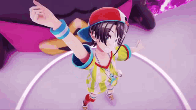 a 3d anime character is standing in a circle with her arms outstretched and pointing .