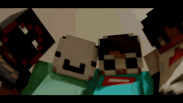 a group of minecraft characters are posing for a picture and one of them has the letter d on their shirt