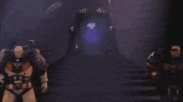two robots are fighting with swords and one of them has the letter p on his back