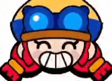 a cartoon character wearing a blue helmet and red gloves is making a face .