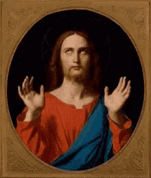 a painting of jesus with his hands up in a circle