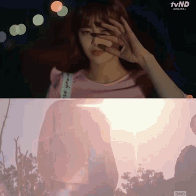 a woman covering her face with her hand in front of a tvnd original logo