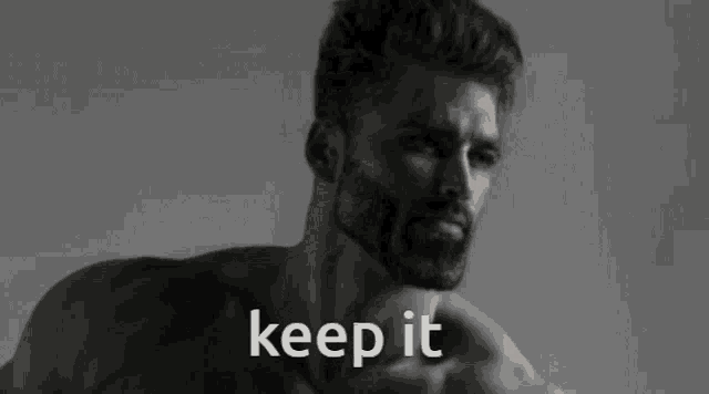 a black and white photo of a shirtless man with the words keep it on the bottom