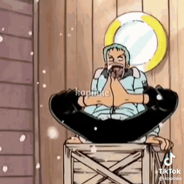a cartoon of a man sitting on a box with his legs crossed and a mirror in the background .