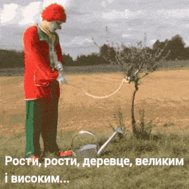 a clown is watering a tree with a watering can in the grass