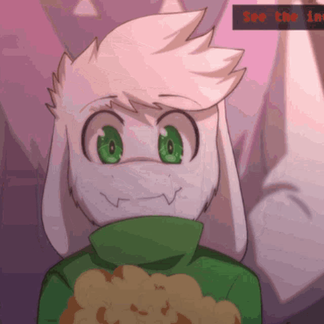 a cartoon character with green eyes and a green sweater says see the ins