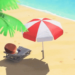 a red and white striped umbrella is on the beach next to a chair