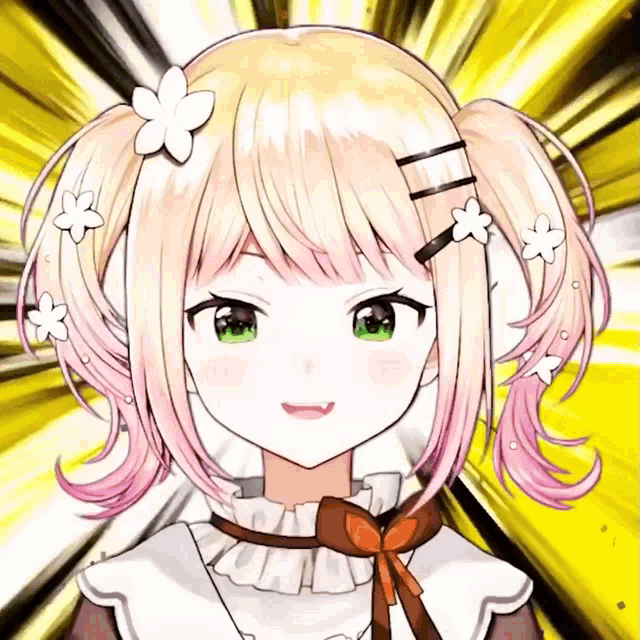 a girl with pigtails and flowers in her hair is making a funny face