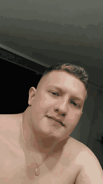 a shirtless man with a gold chain around his neck looks at the camera