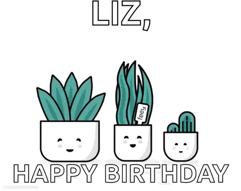 a happy birthday greeting card with three potted plants with faces on them .