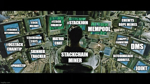 a man is sitting in front of a bunch of computer monitors with the words mempool stackjoin and matrix chat