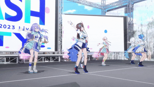 a group of anime girls are dancing in front of a sign that says smash 2023