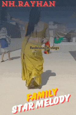 a woman in a yellow saree is dancing on a roof with the words family star melody above her