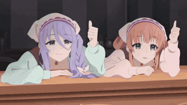 two anime girls giving a thumbs up sign