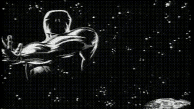 a black and white drawing of a man in space