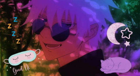 a cartoon character is surrounded by sleeping masks a crescent moon and a star and the words good night