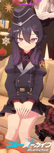 a girl with purple hair is sitting on a couch in front of a blue archive sign