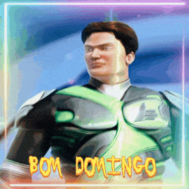 a man in a green superhero costume with bom domingo written below him
