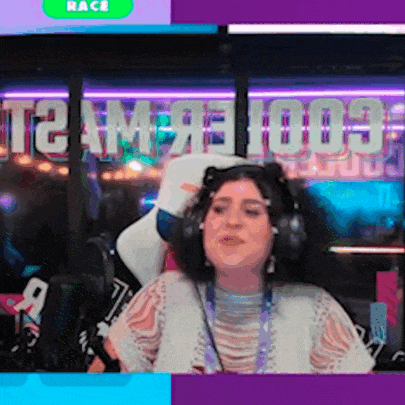 a woman wearing headphones is sitting in front of a sign that says " race "