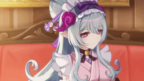 a girl with long white hair and a purple bow on her head